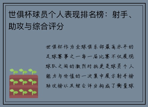 世俱杯球员个人表现排名榜：射手、助攻与综合评分