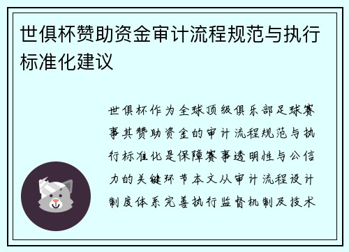 世俱杯赞助资金审计流程规范与执行标准化建议