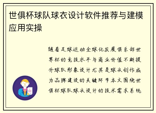 世俱杯球队球衣设计软件推荐与建模应用实操