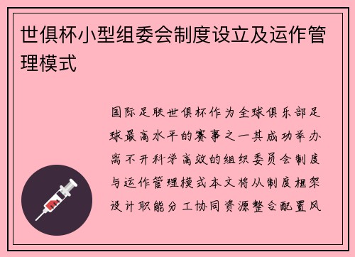 世俱杯小型组委会制度设立及运作管理模式