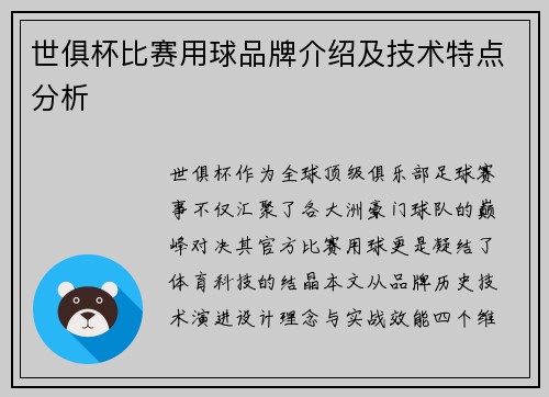 世俱杯比赛用球品牌介绍及技术特点分析